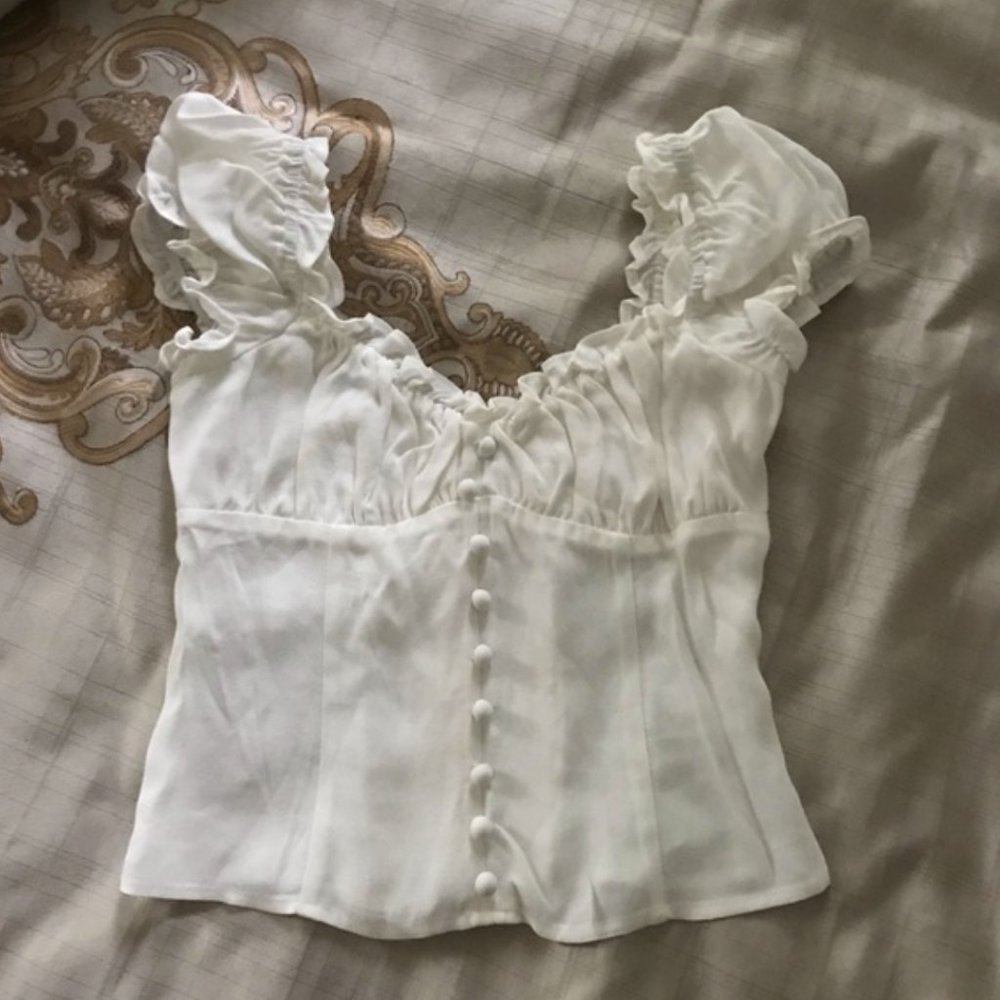Reformation White Ruffle Sleeve Button-Front Blouse